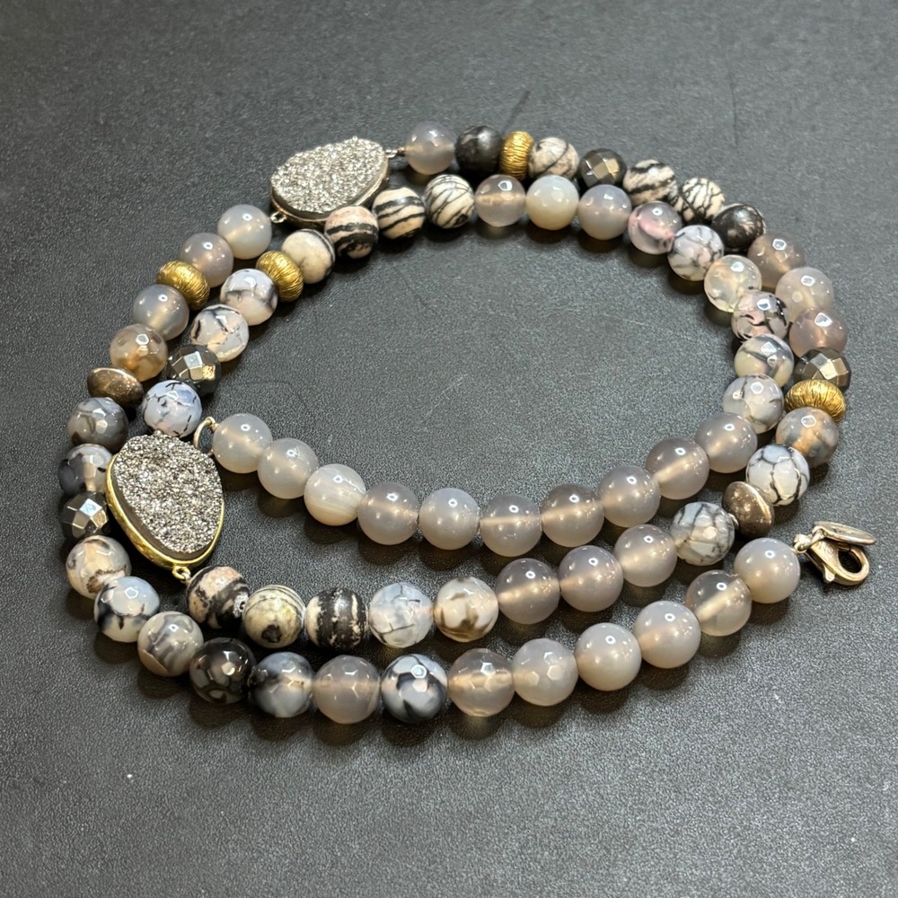 Silpada "Ode to Gold" 925 Natural Agate Hematite Druzy Beaded Necklace 32" - Picture 9 of 10
